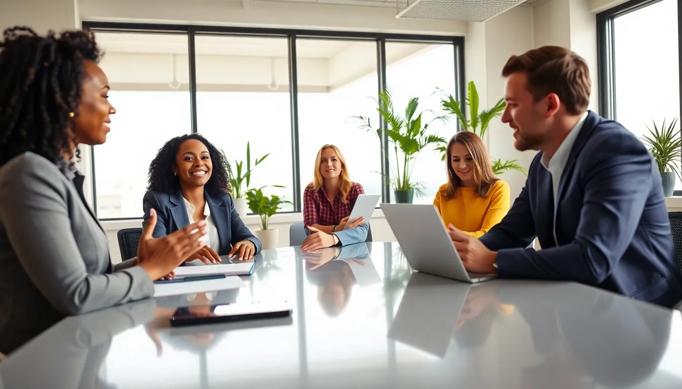 diverse professionals engaging in conversation at a modern office.