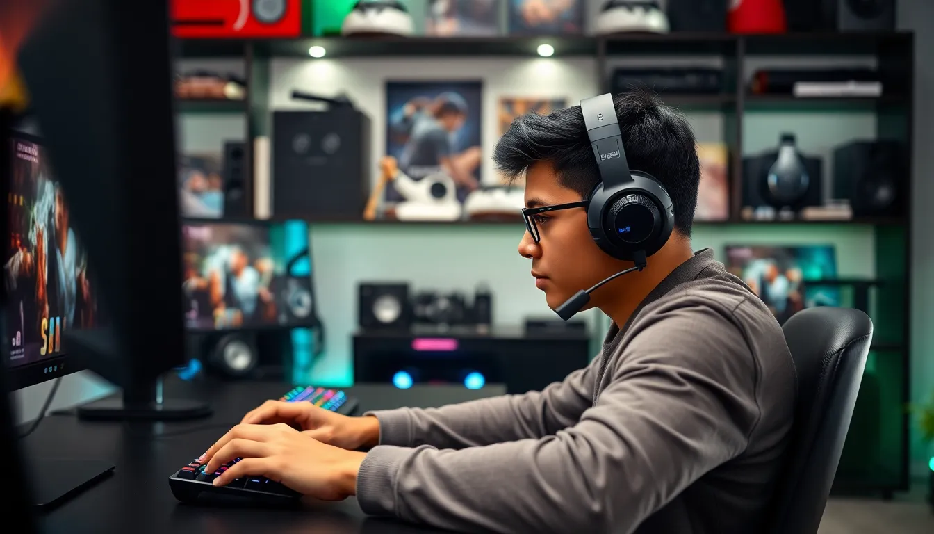 gamer using Sennheiser headphones in a modern setup.