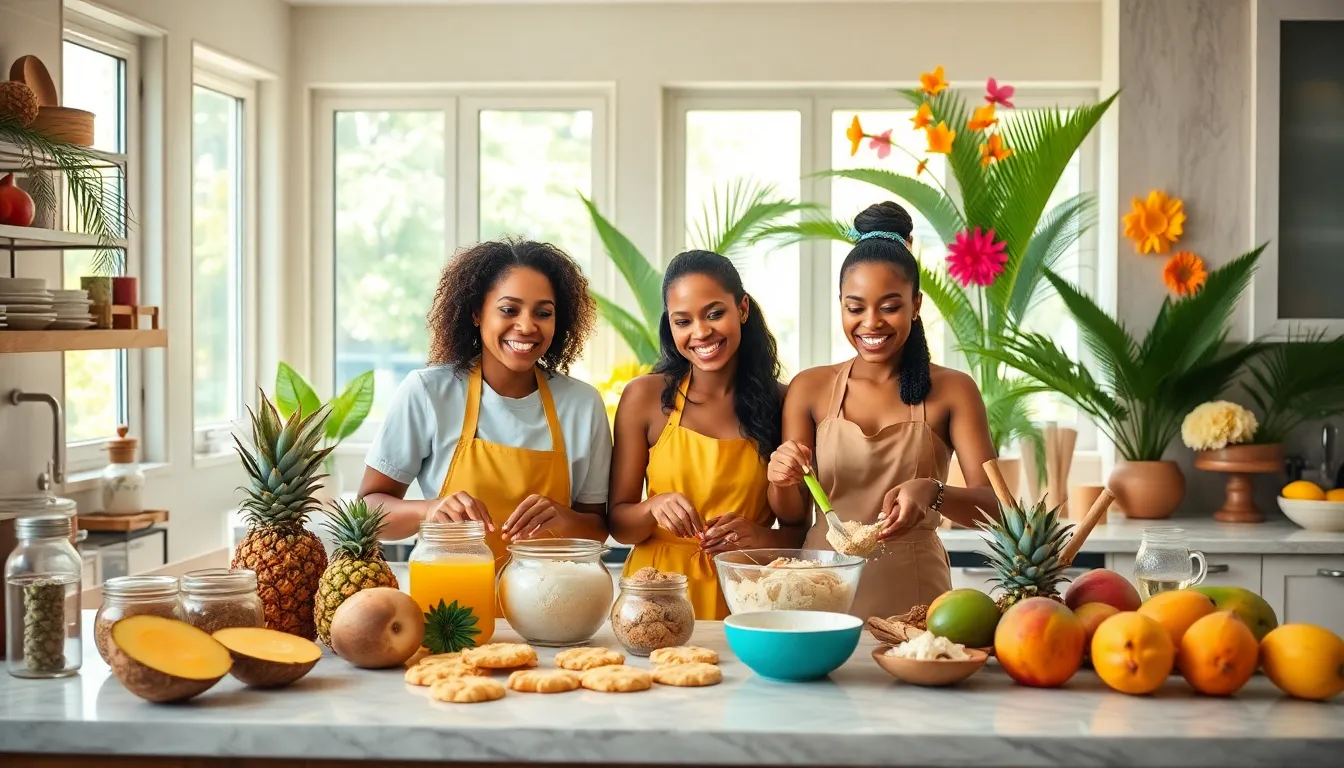 diverse bakers creating tropical cookies in a bright kitchen.