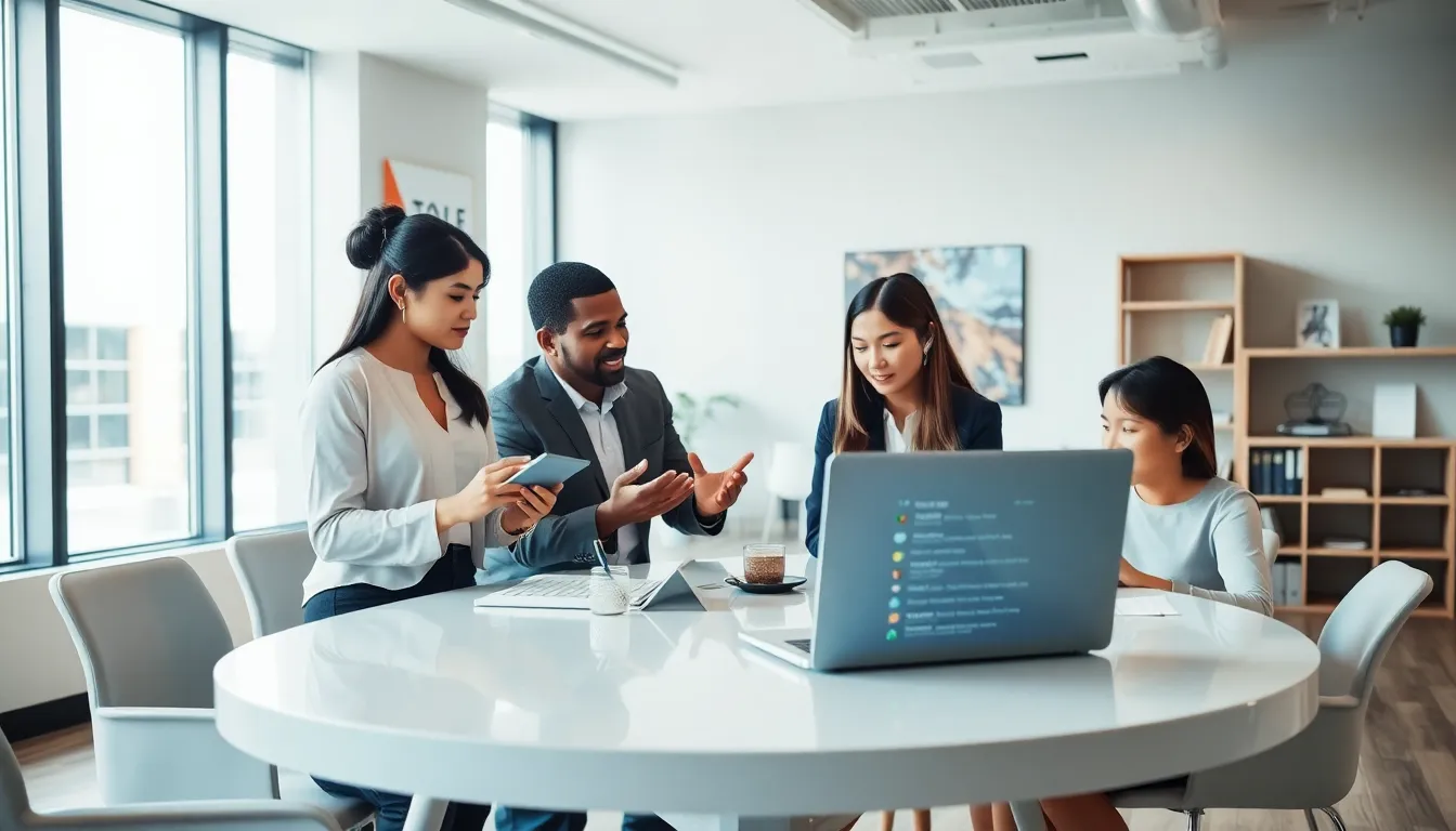 diverse team collaborating in a modern customer support office.