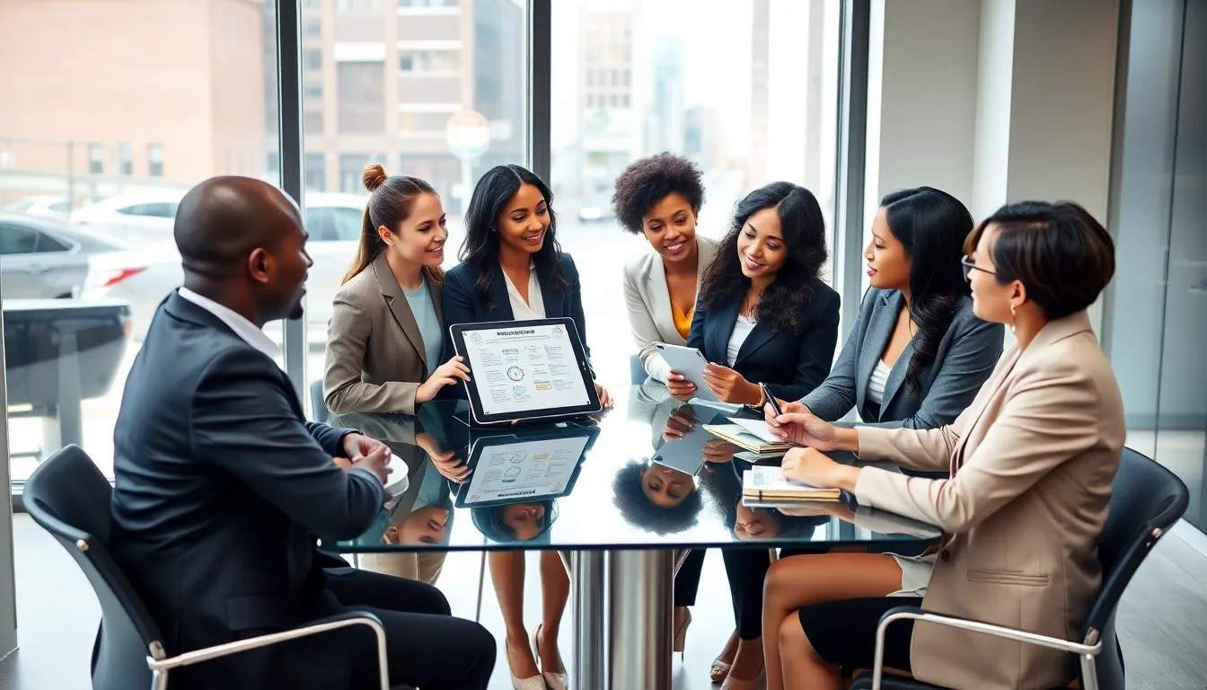 diverse professionals discussing career development in a modern office.