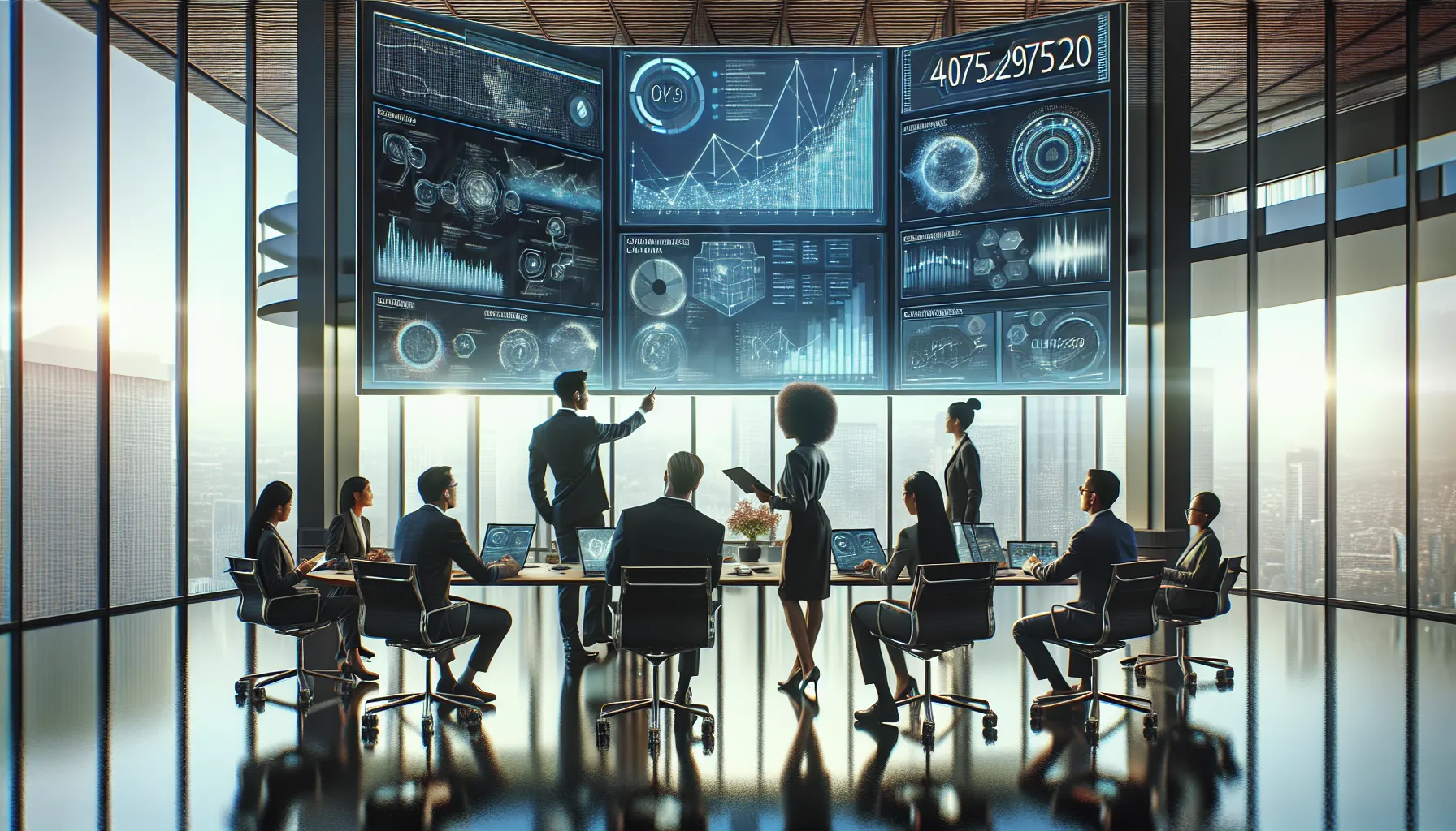 diverse team discussing telecommunications data in a modern office.