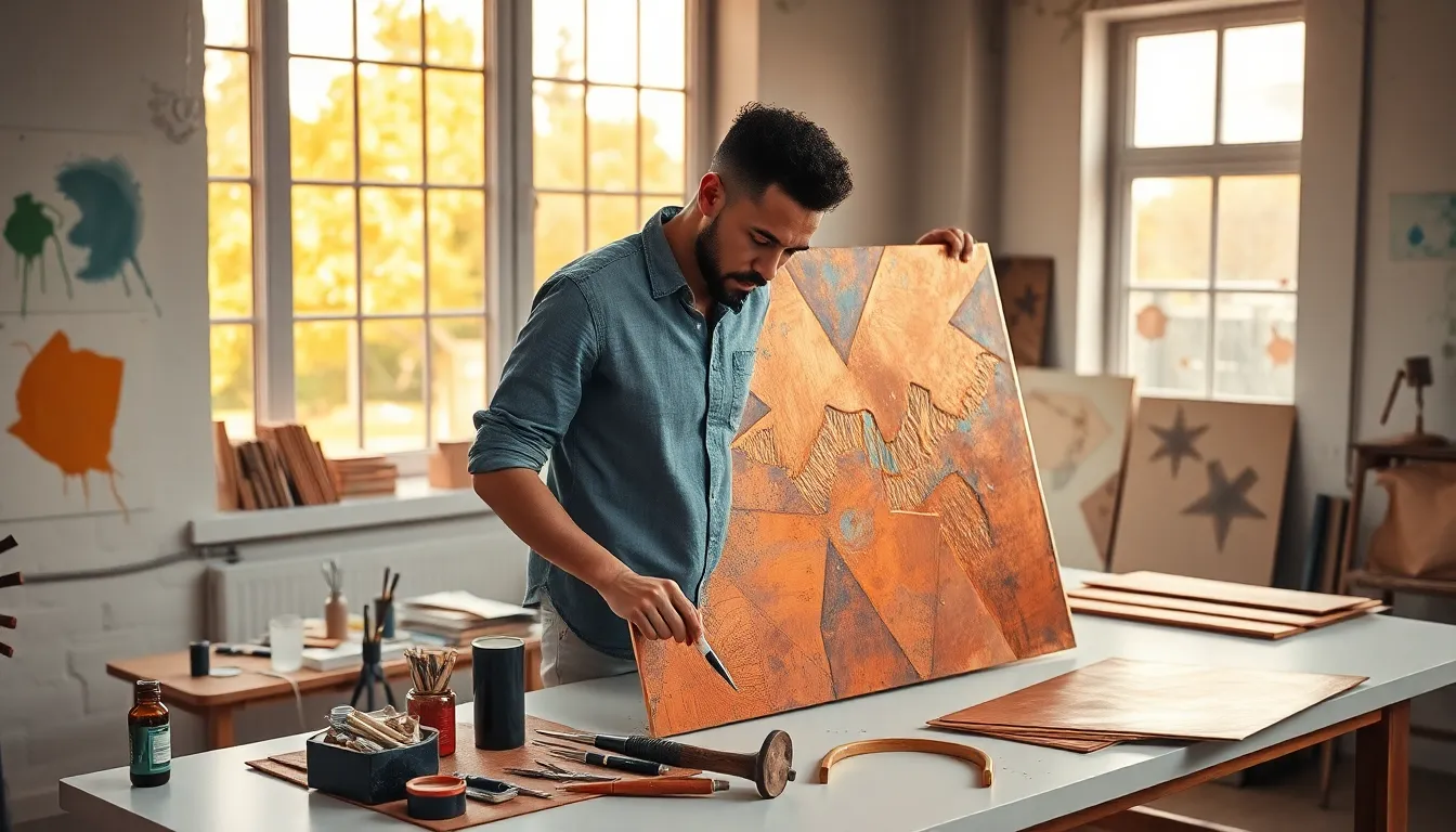 artist creating a copper canvas artwork in a modern studio.