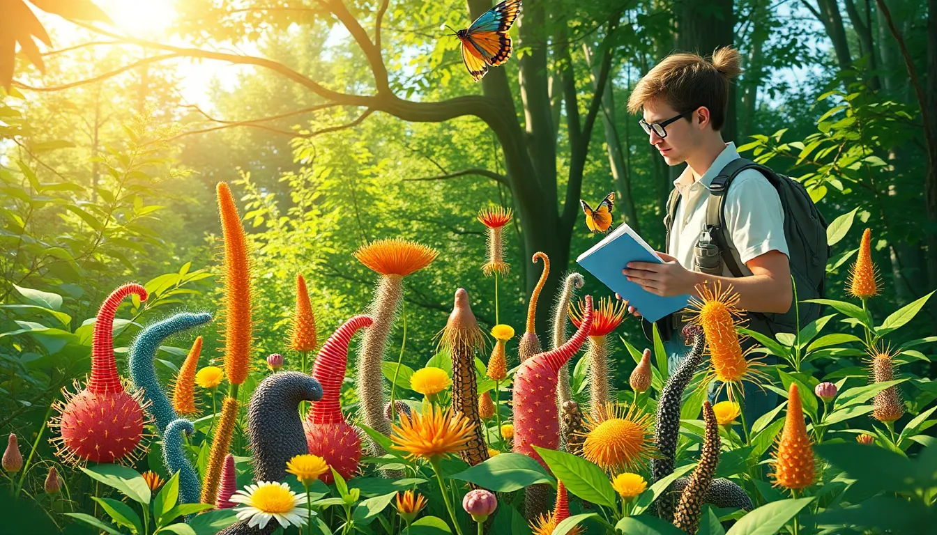 scientist examining unique alomesteria species in a lush natural environment.