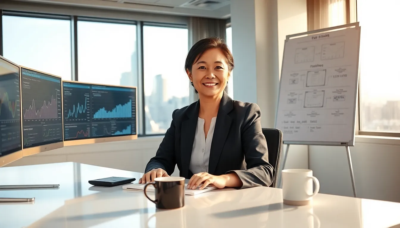 A woman in an office working on online business stability.