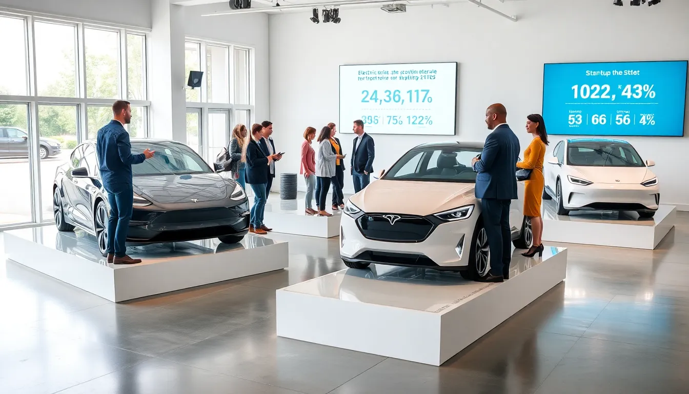 modern showroom featuring diverse electric vehicles and professionals.