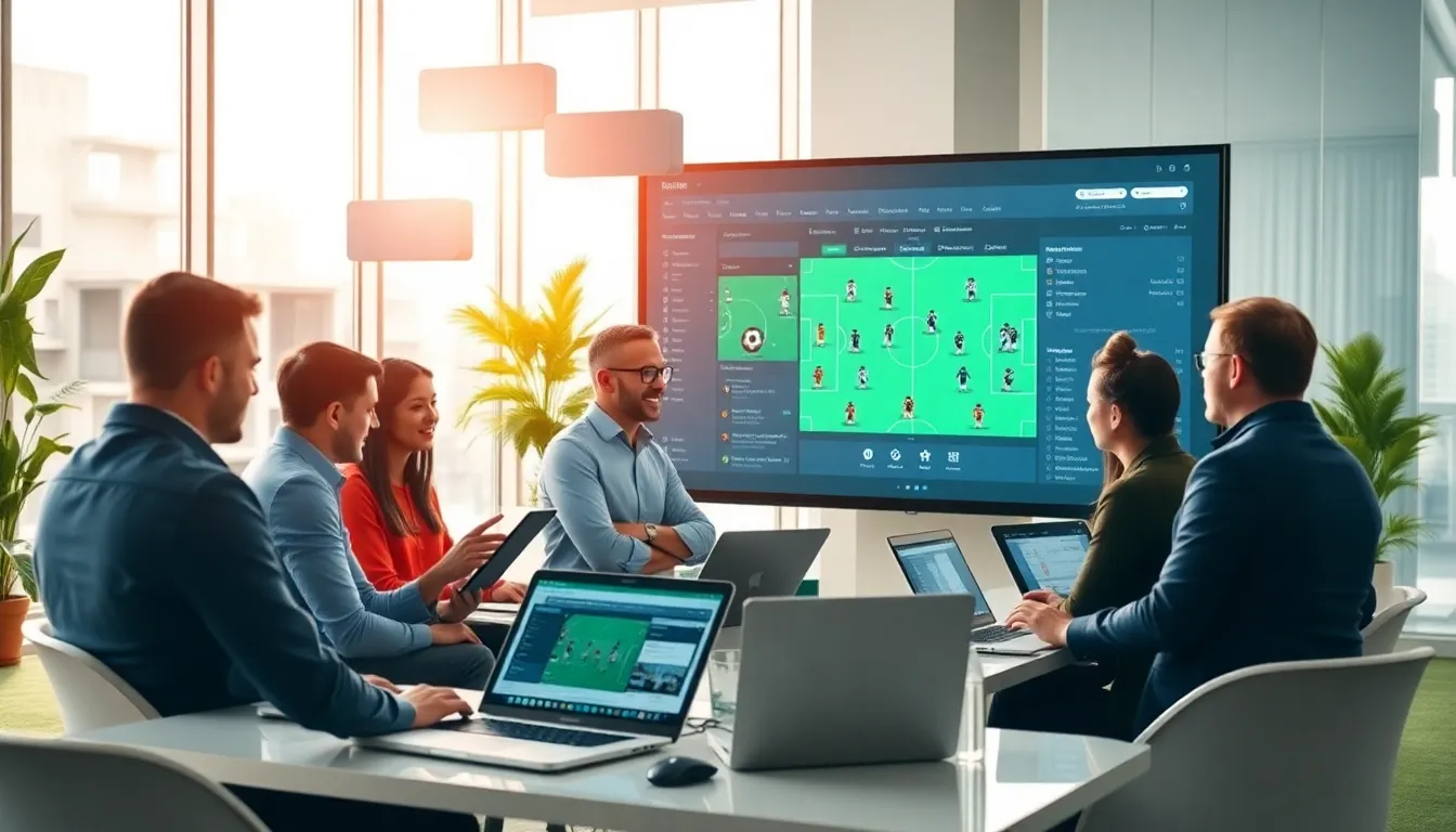 diverse group discussing tactics in a football manager forum setting.