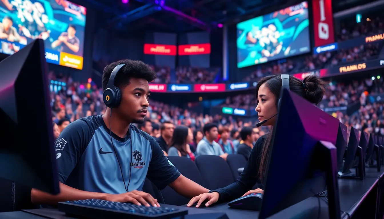 two professional gamers competing in an esports arena.