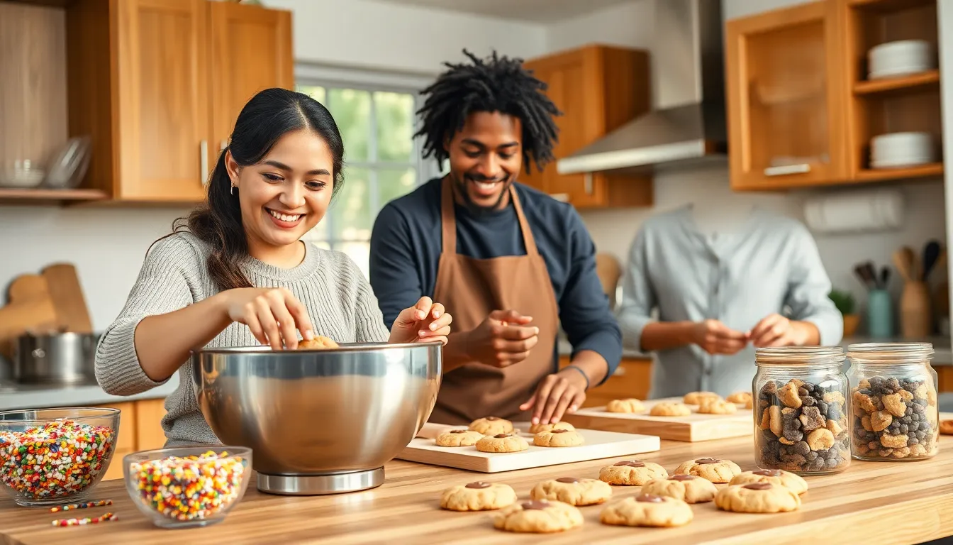 diverse bakers in a modern kitchen creating cookies.