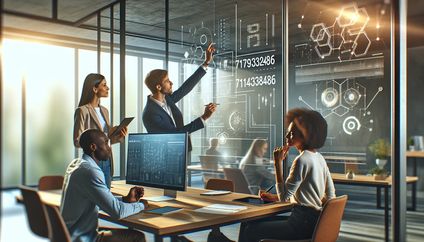 diverse team brainstorming around a glass board and digital devices.