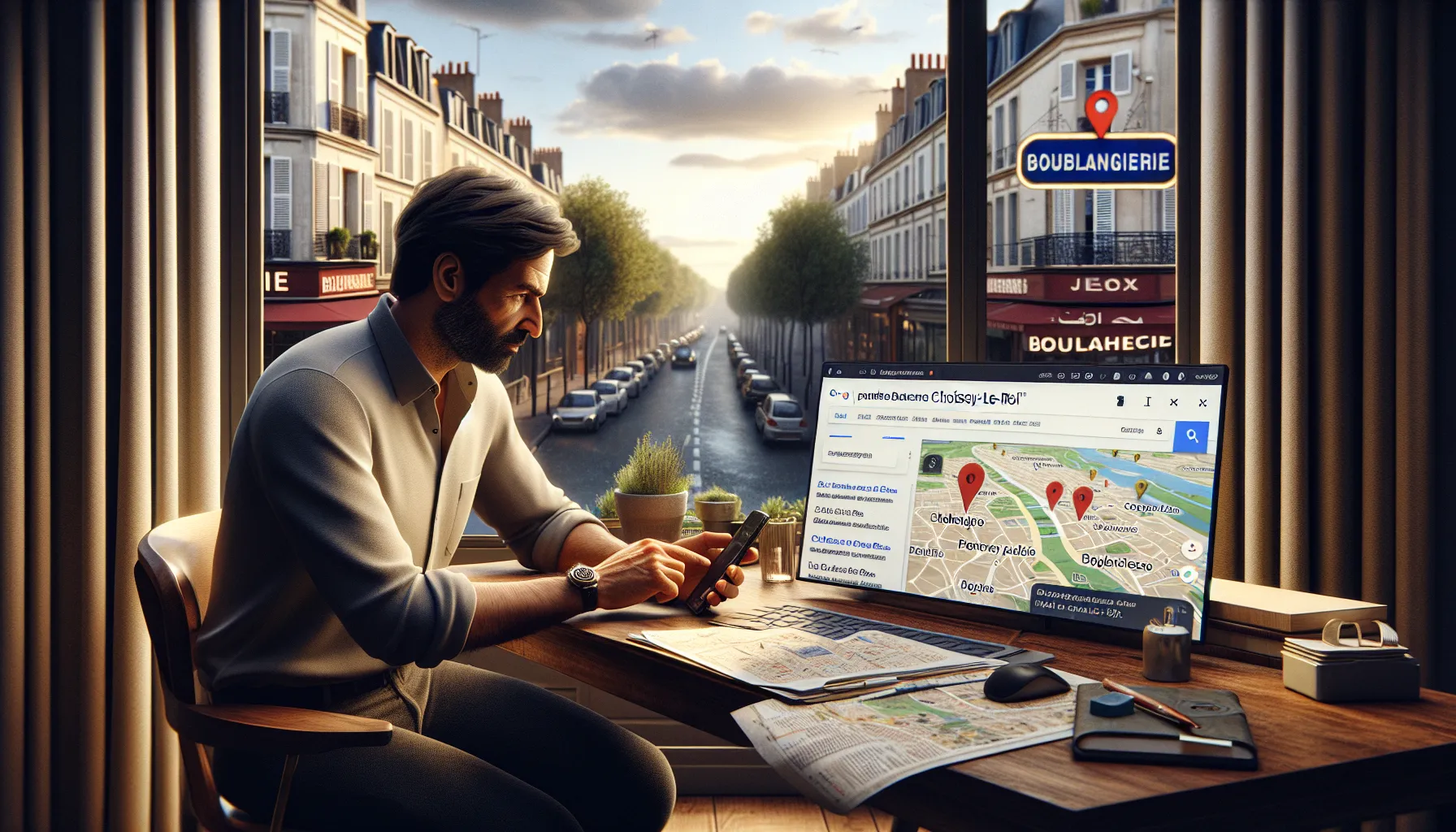 Local business owner in Choisy-le-Roi reviews Google SEO results with a consultant.