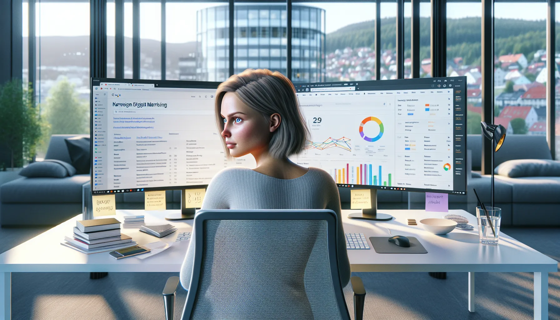 Digital marketer in an oslo office comparing on-page and off-page seo on dual monitors.