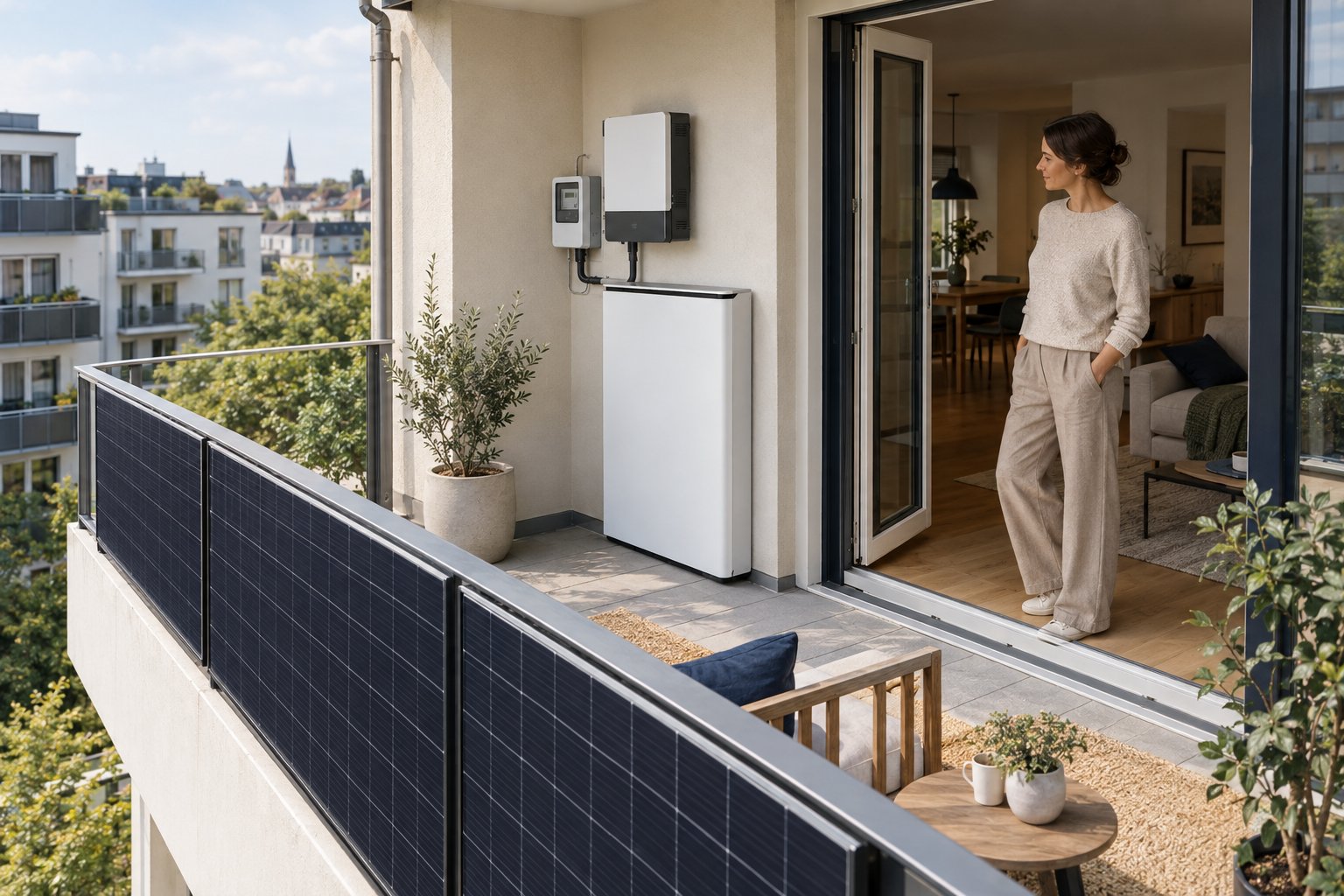 Solarmodule und kompakter Batteriespeicher an einem Wohnungsbalkon