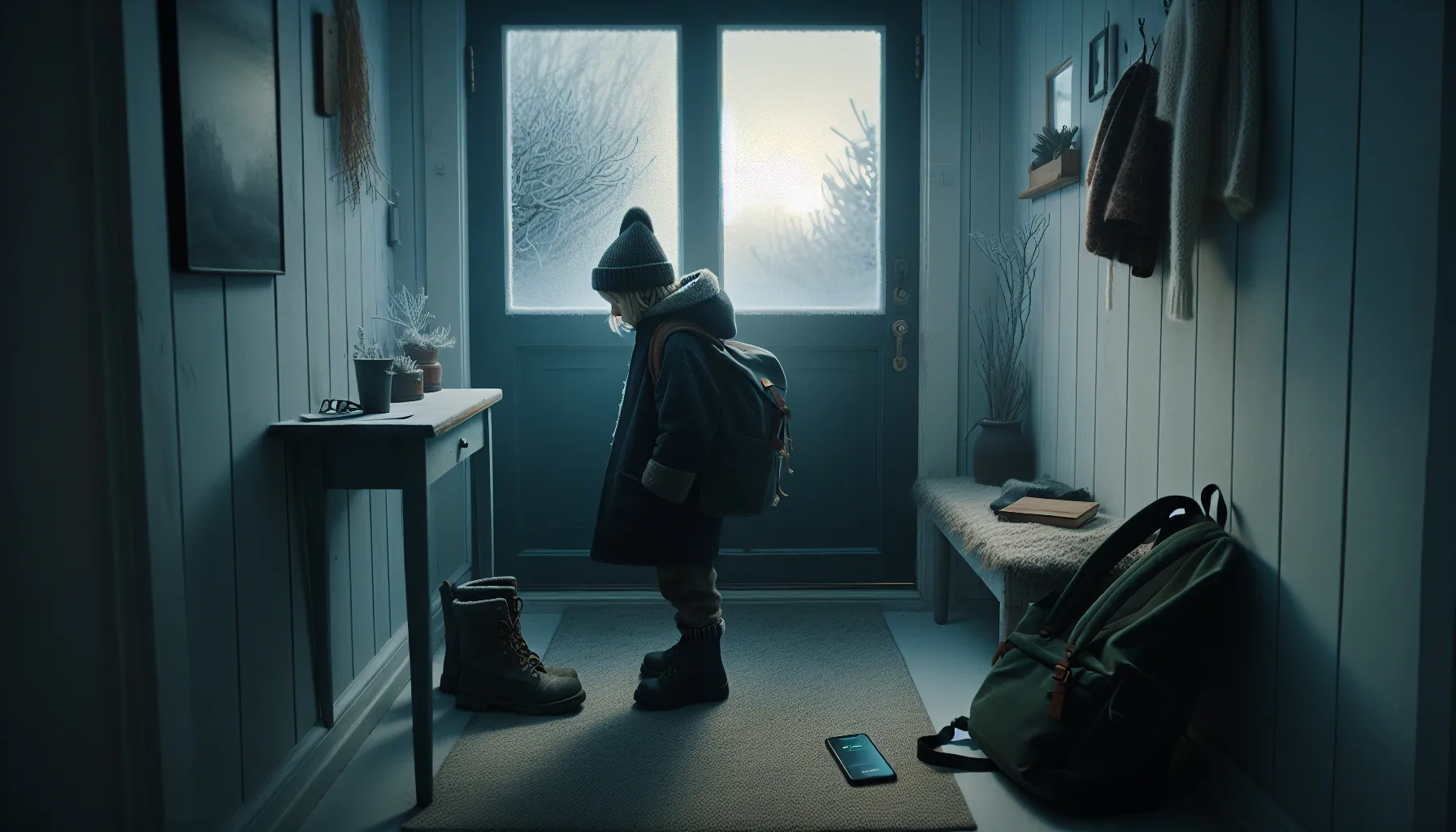 Hvordan gjenkjenne tidlige tegn på mobbing hos barn 2 Hesitant child at norwegian doorway with slumped posture, silent phone, worn backpack.