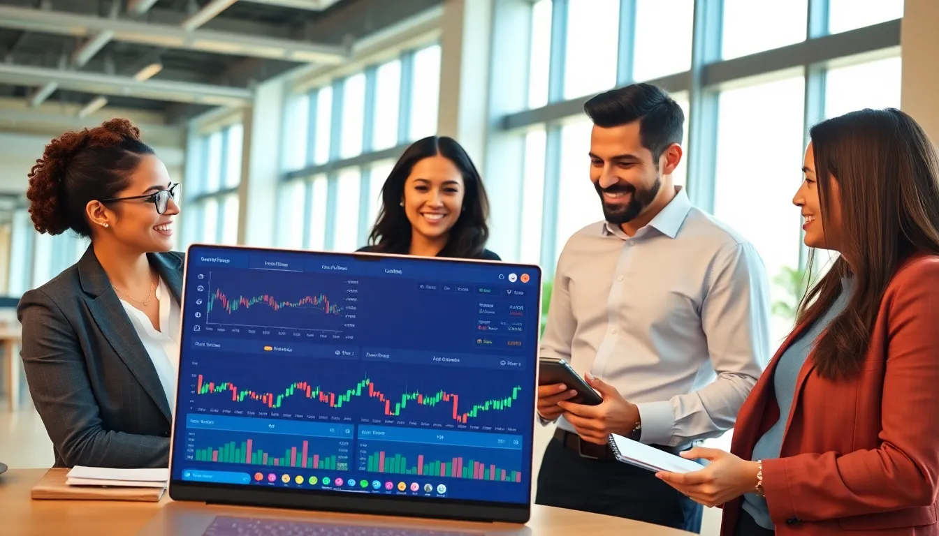 Professionals collaborating over a cryptocurrency trading platform in a modern office.