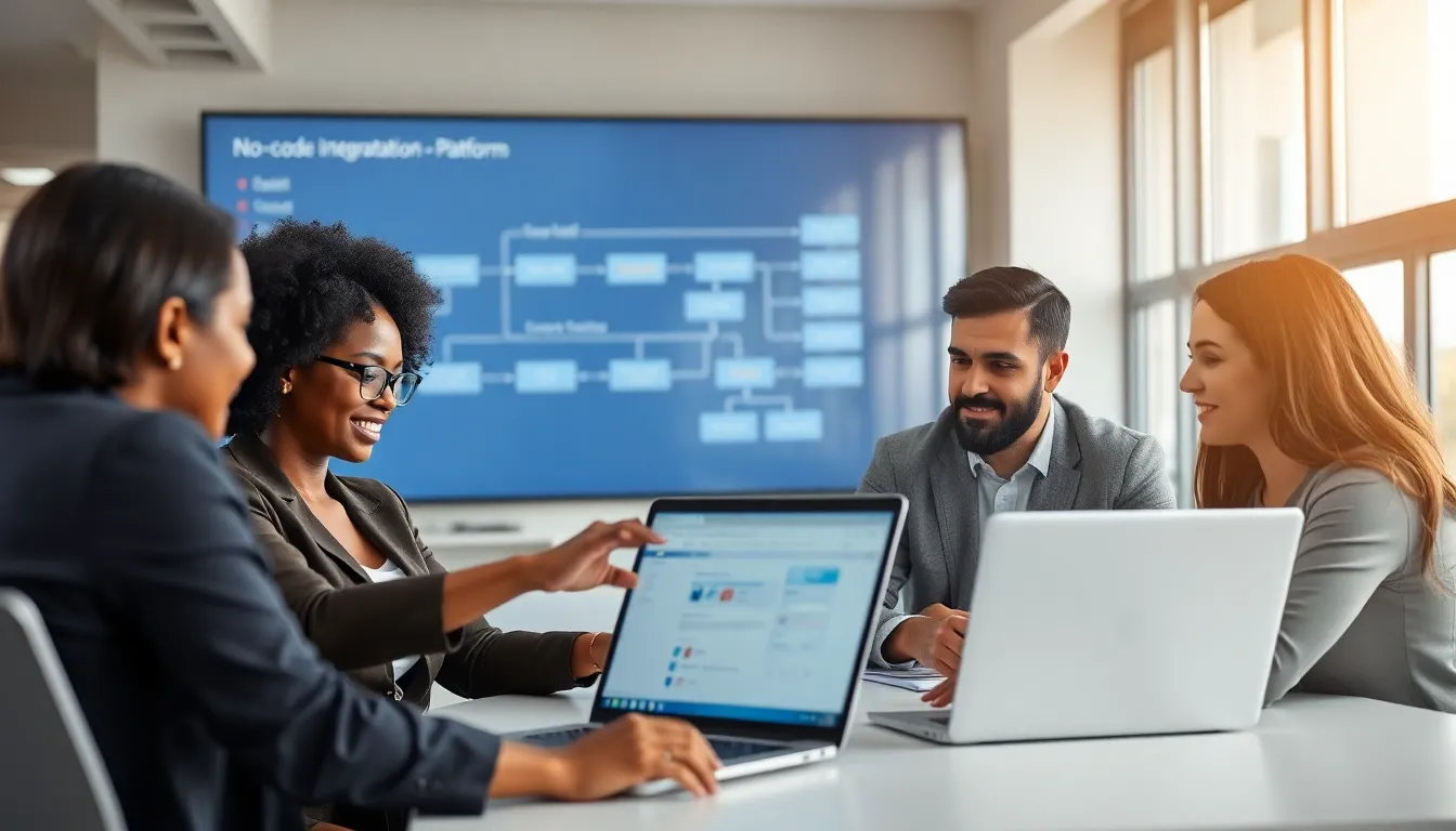 diverse team collaborating using a no code integration platform in a modern office.