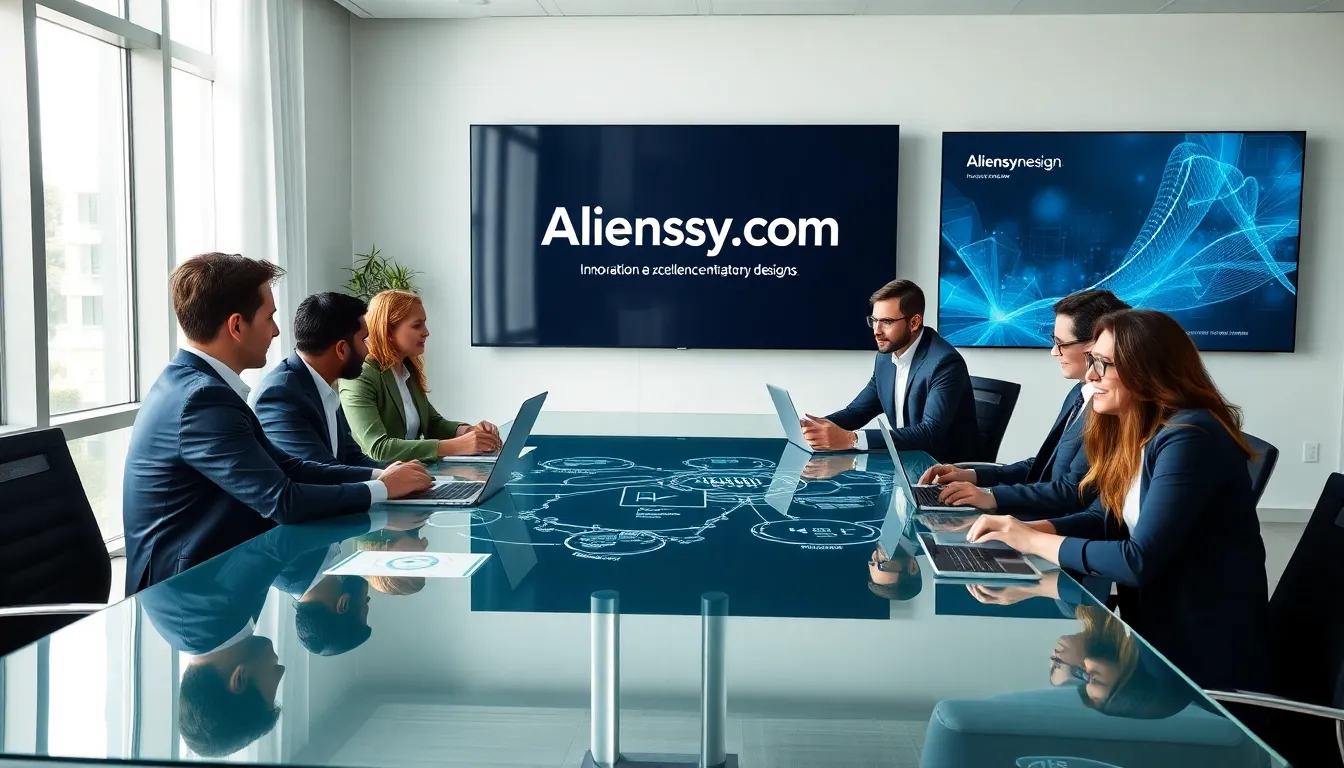 diverse professionals discussing digital solutions in a modern office.