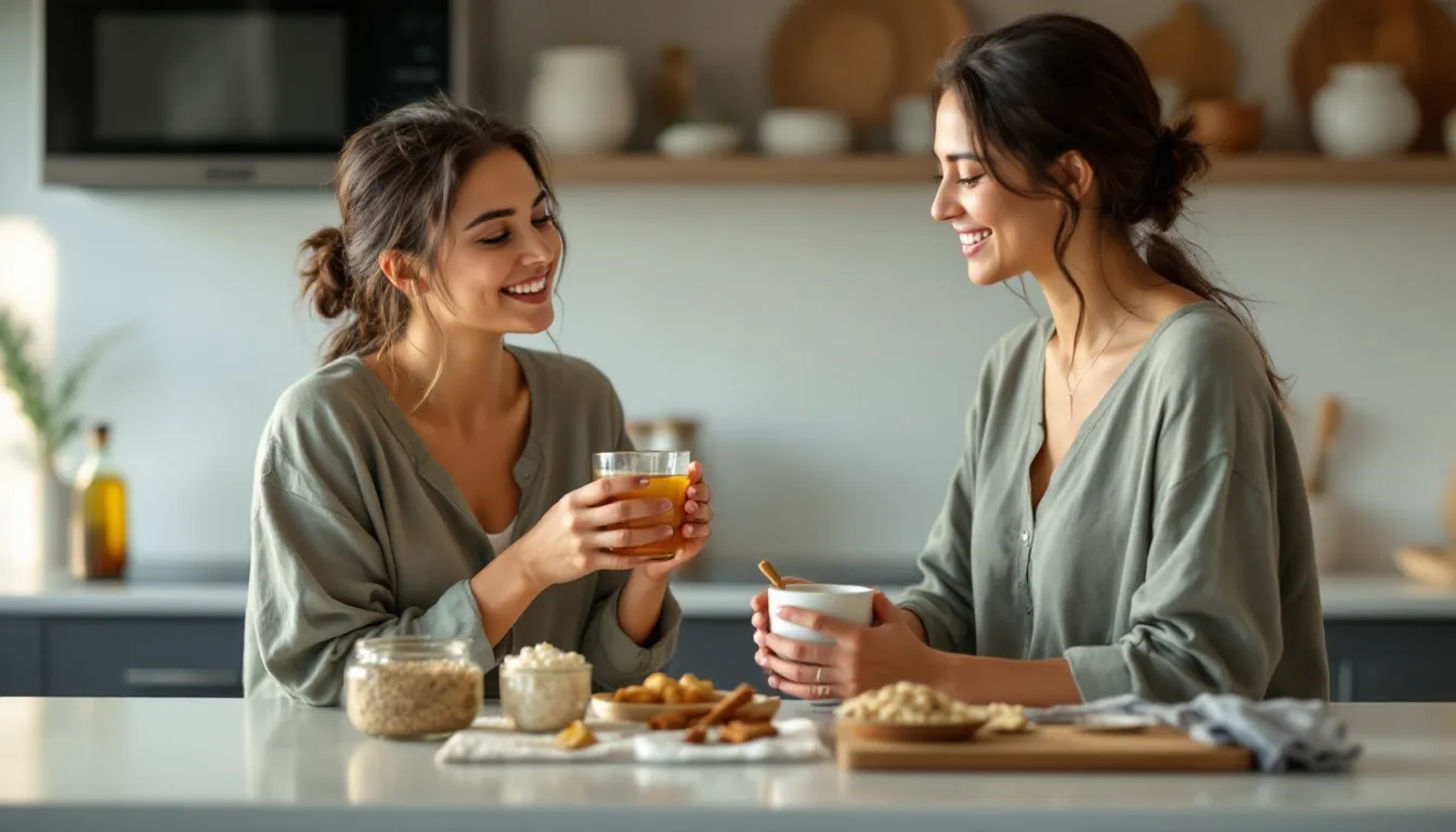 Woman holding warm ginger water in a sunlit kitchen with Ayurvedic morning essentials.