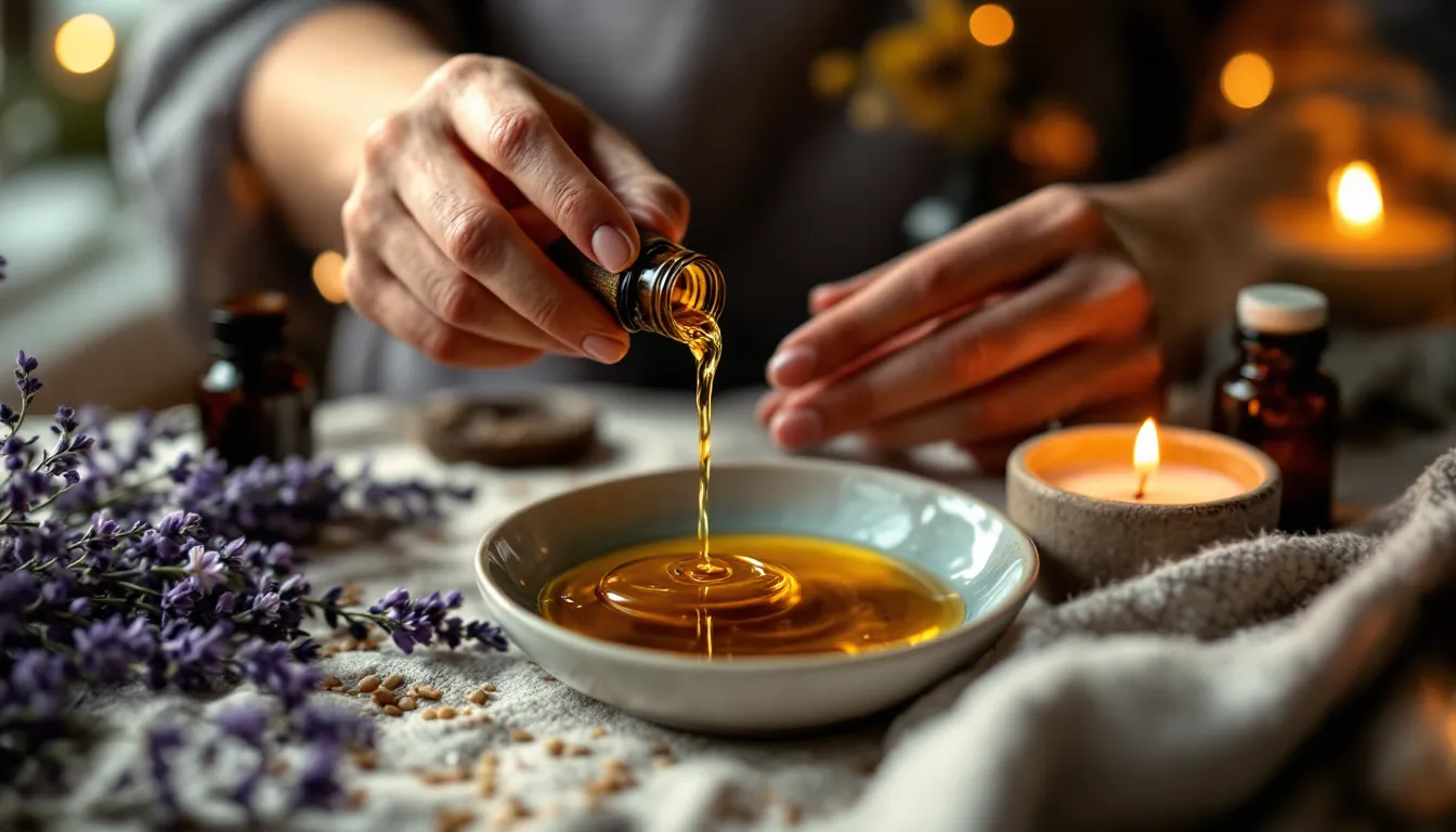 Woman pouring golden sesame oil into her palm beside other skincare oils at night.