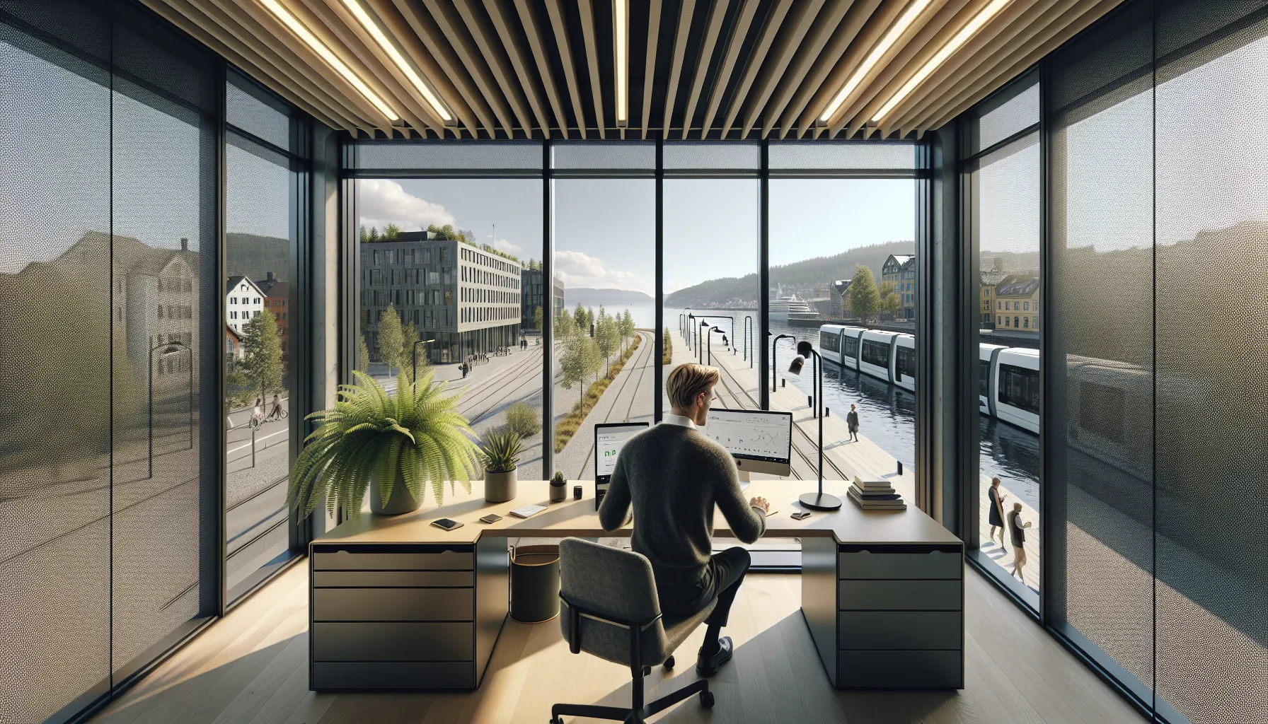 Dynamic smart glass in an oslo office balances daylight and heat on a sunny day.