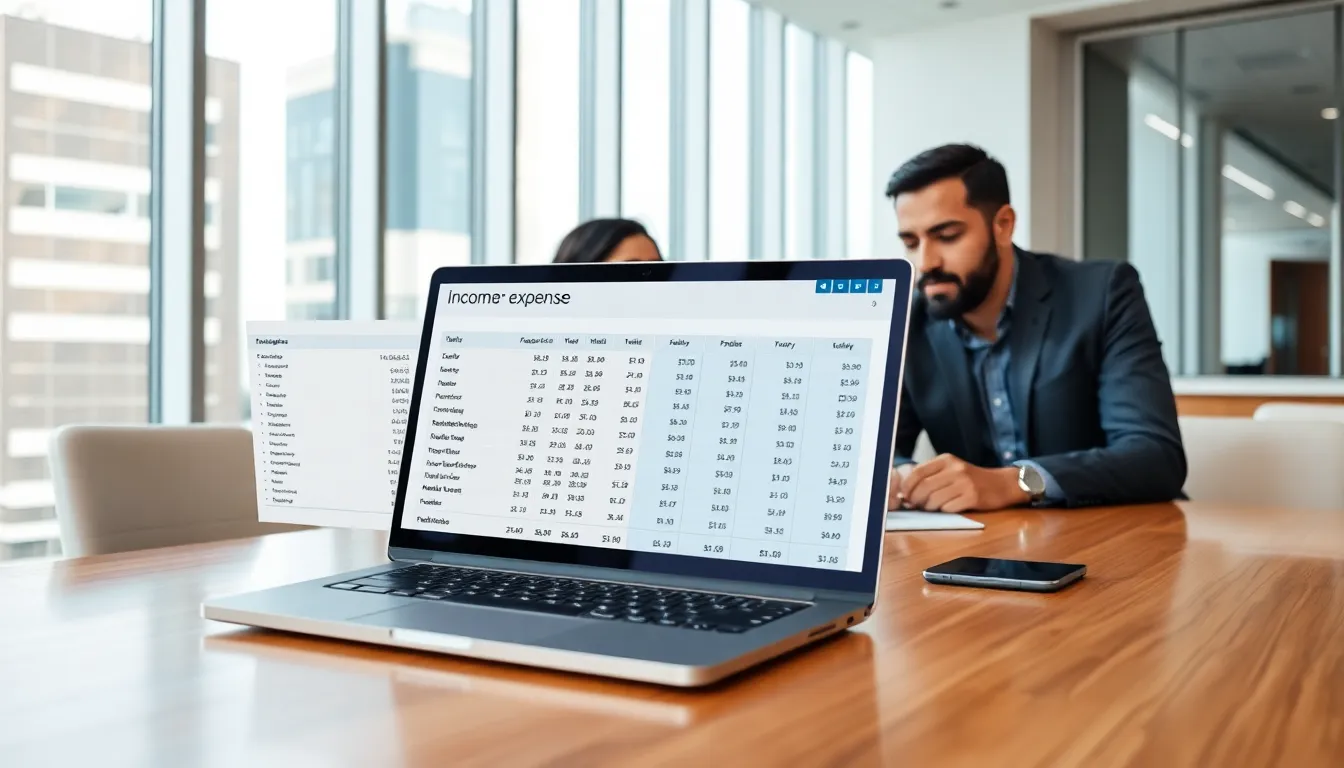 team examining an income expense sheet in a modern office.