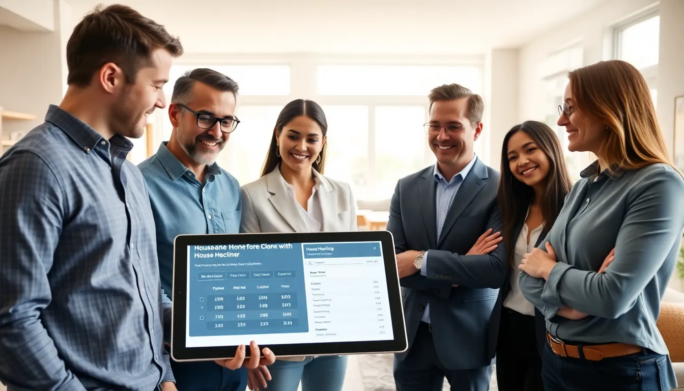 professionals discussing house hacking with a digital calculator in a modern living space.