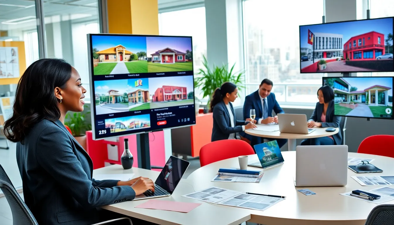 A diverse real estate team collaborating in a modern office setting.