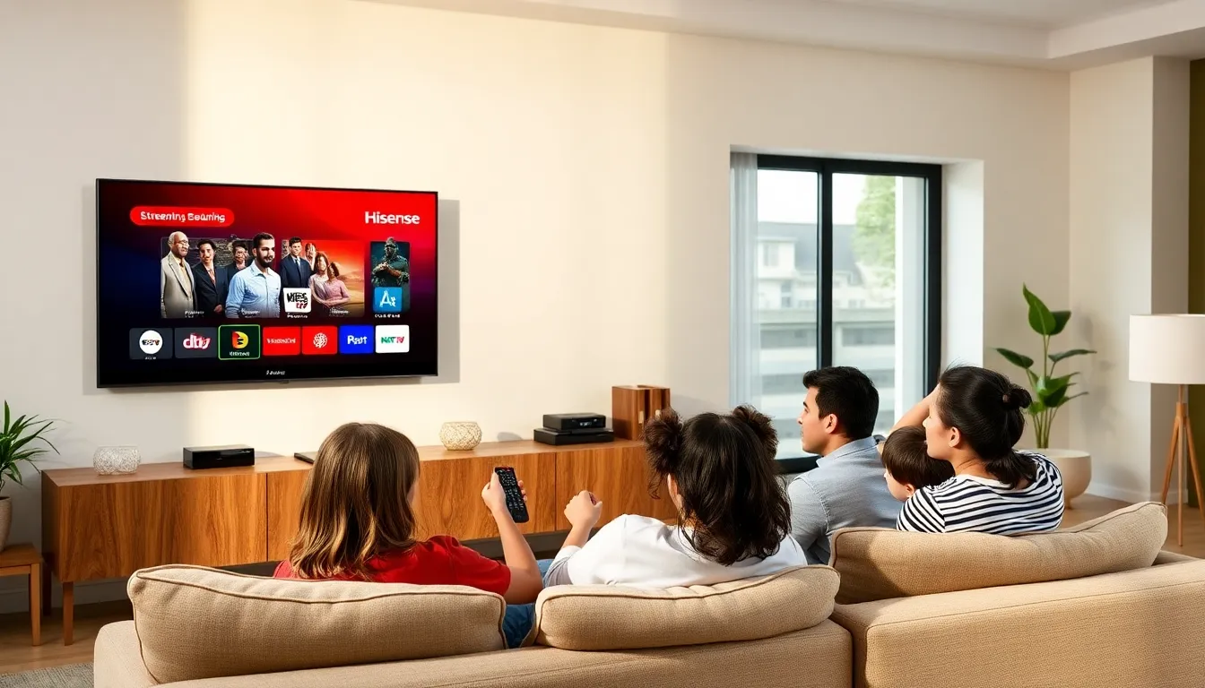 family enjoying a Hisense Smart TV in a modern living room.