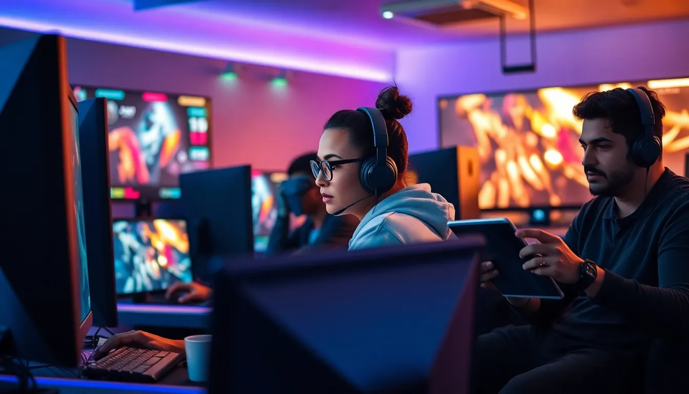 diverse group of gamers in a modern gaming lounge.