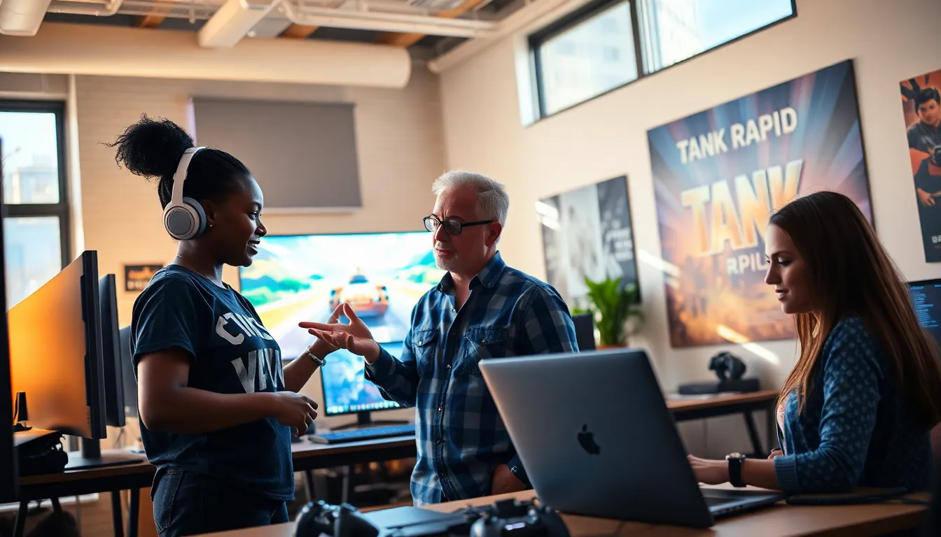 game developers collaborating in a vibrant studio with 'Tank Rapid' display.