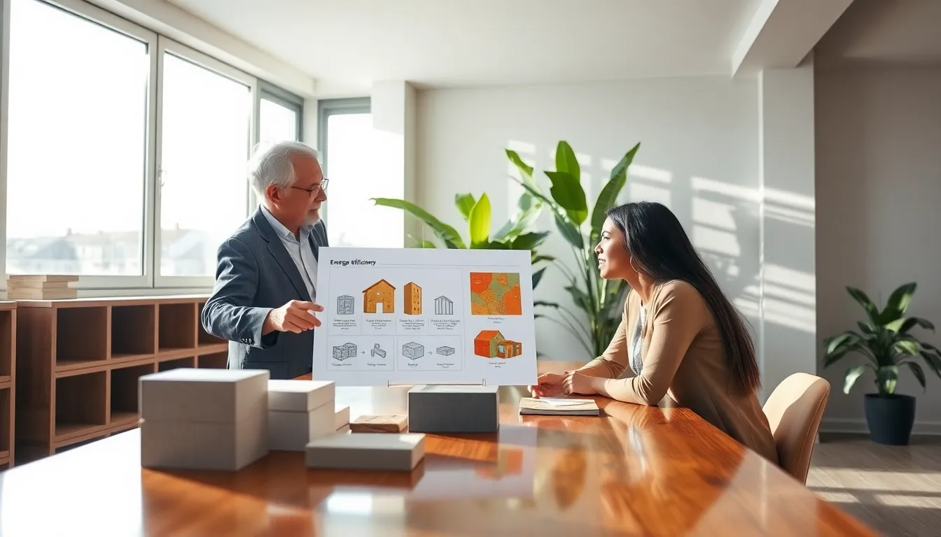 architect discussing energy-efficient concrete block homes with clients.