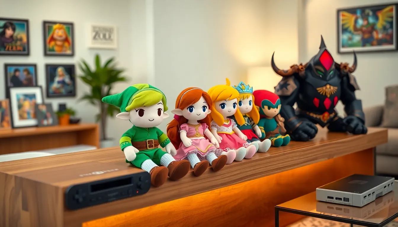 assortment of Zelda plush toys on a stylish shelf.