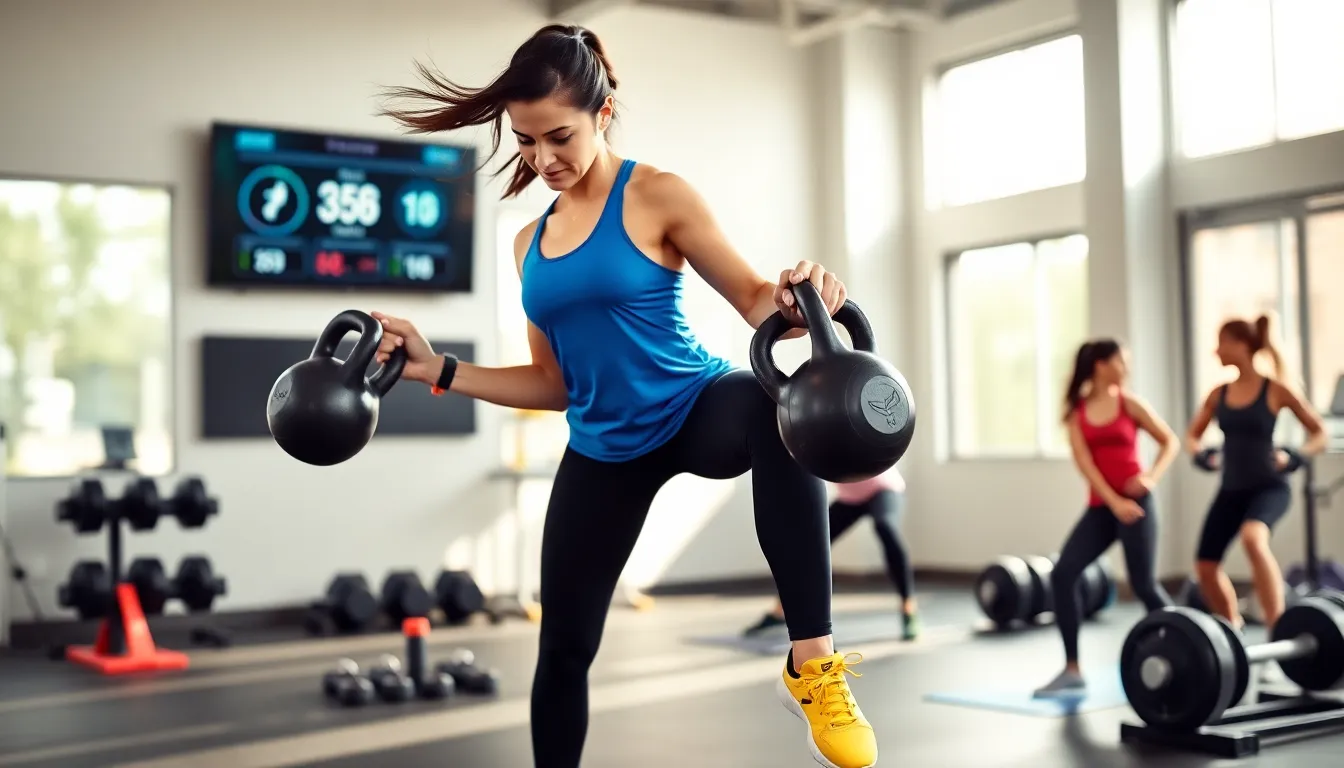 A woman lifting kettlebells in a bustling modern gym.