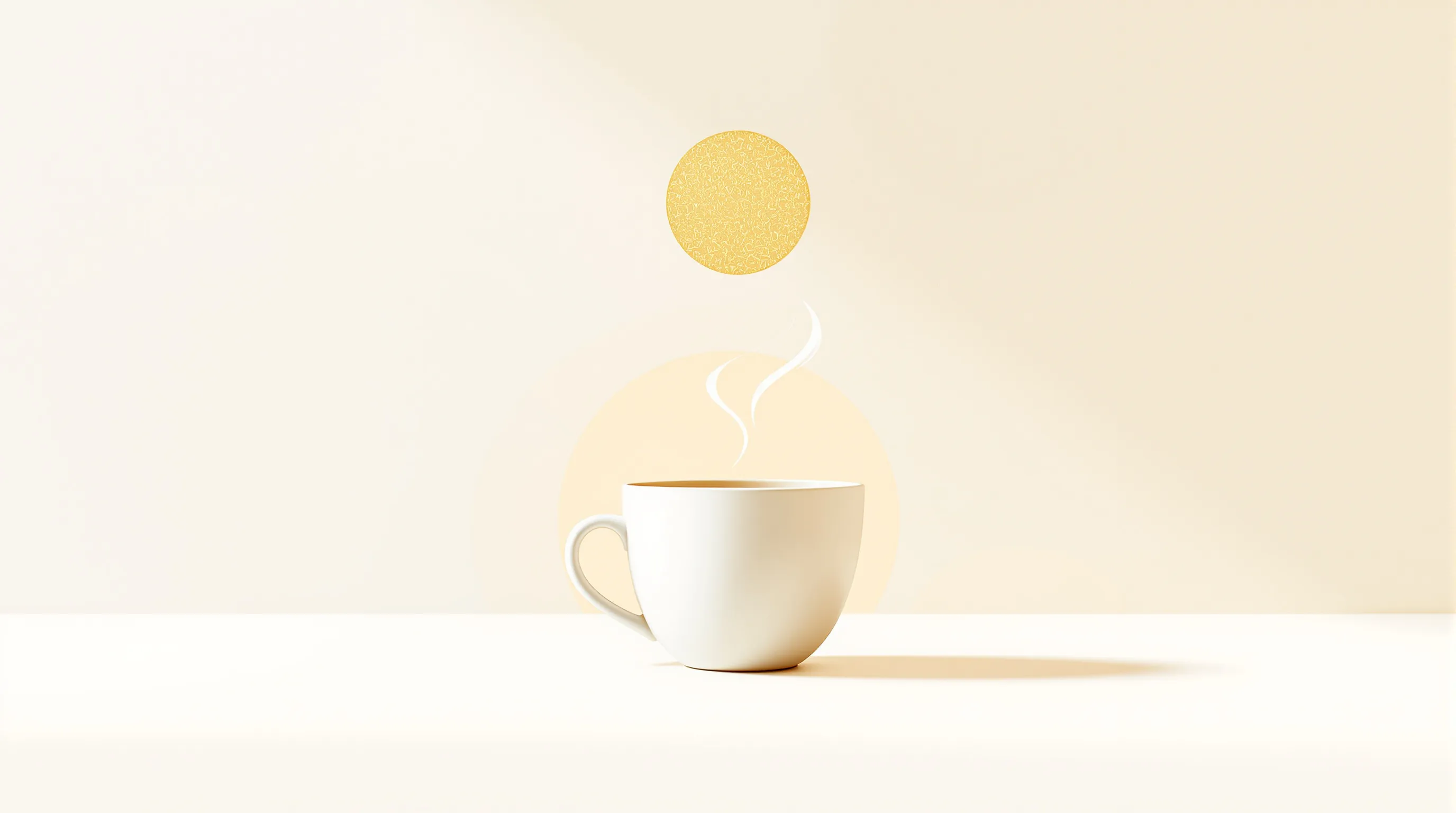 A coffee cup with rising steam and a simple sunrise shape on clean background.