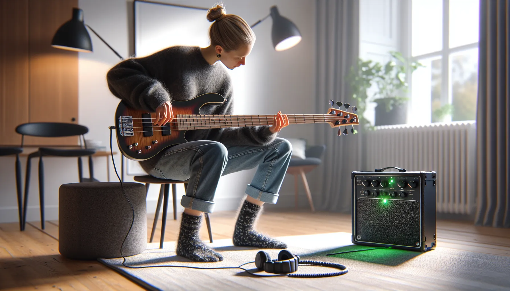 Norwegian beginner tunes a 4-string bass amid practice amp, tuner, and laptop.
