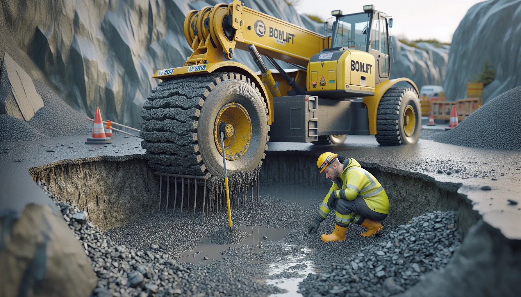 Construction worker inspecting unstable ground under a boom lift wheel on site.