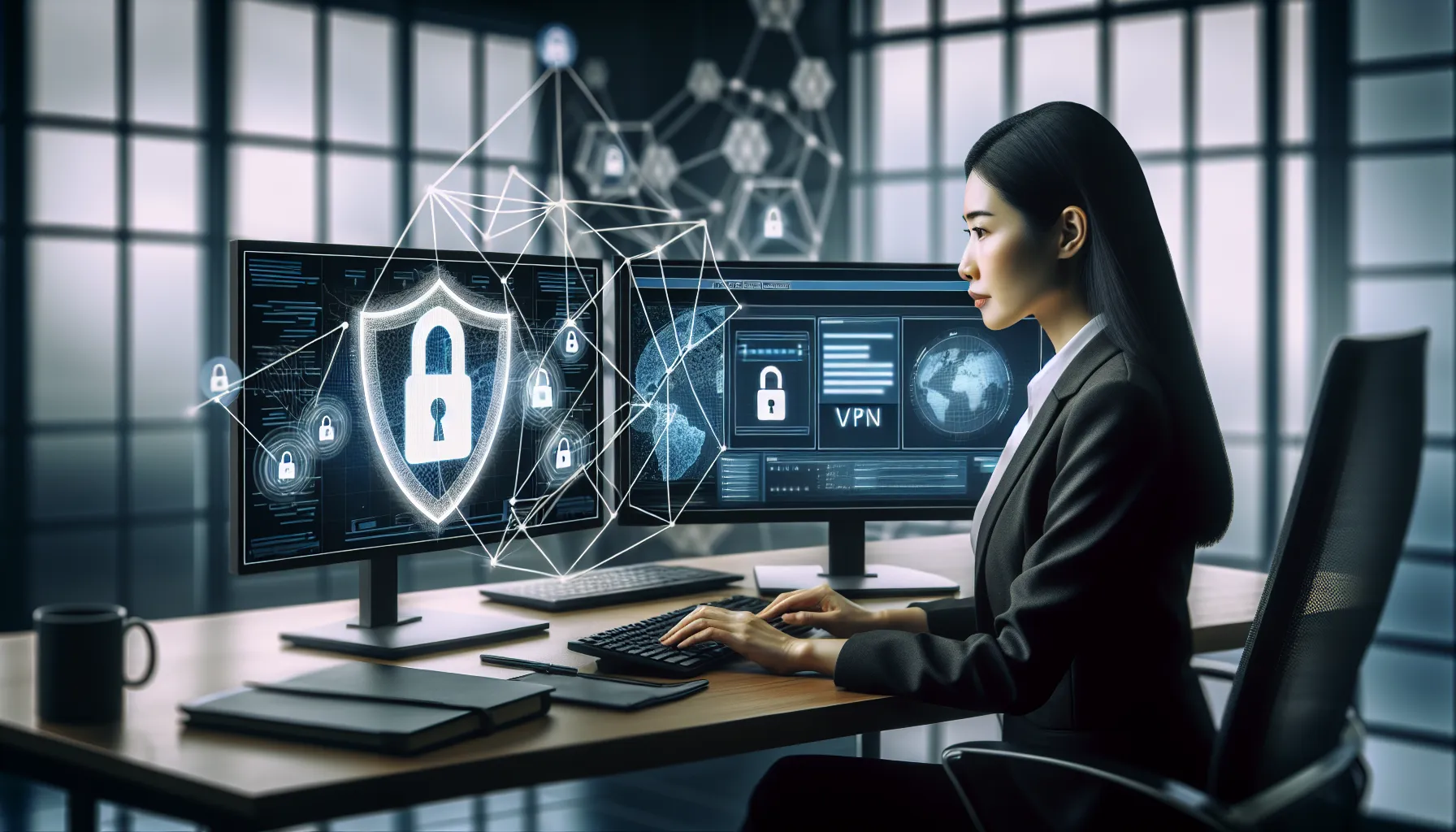 woman analyzing network security at a modern office workstation.