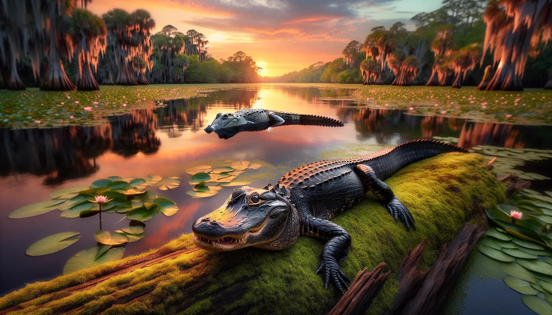 an alligator and crocodile side by side in a river setting.
