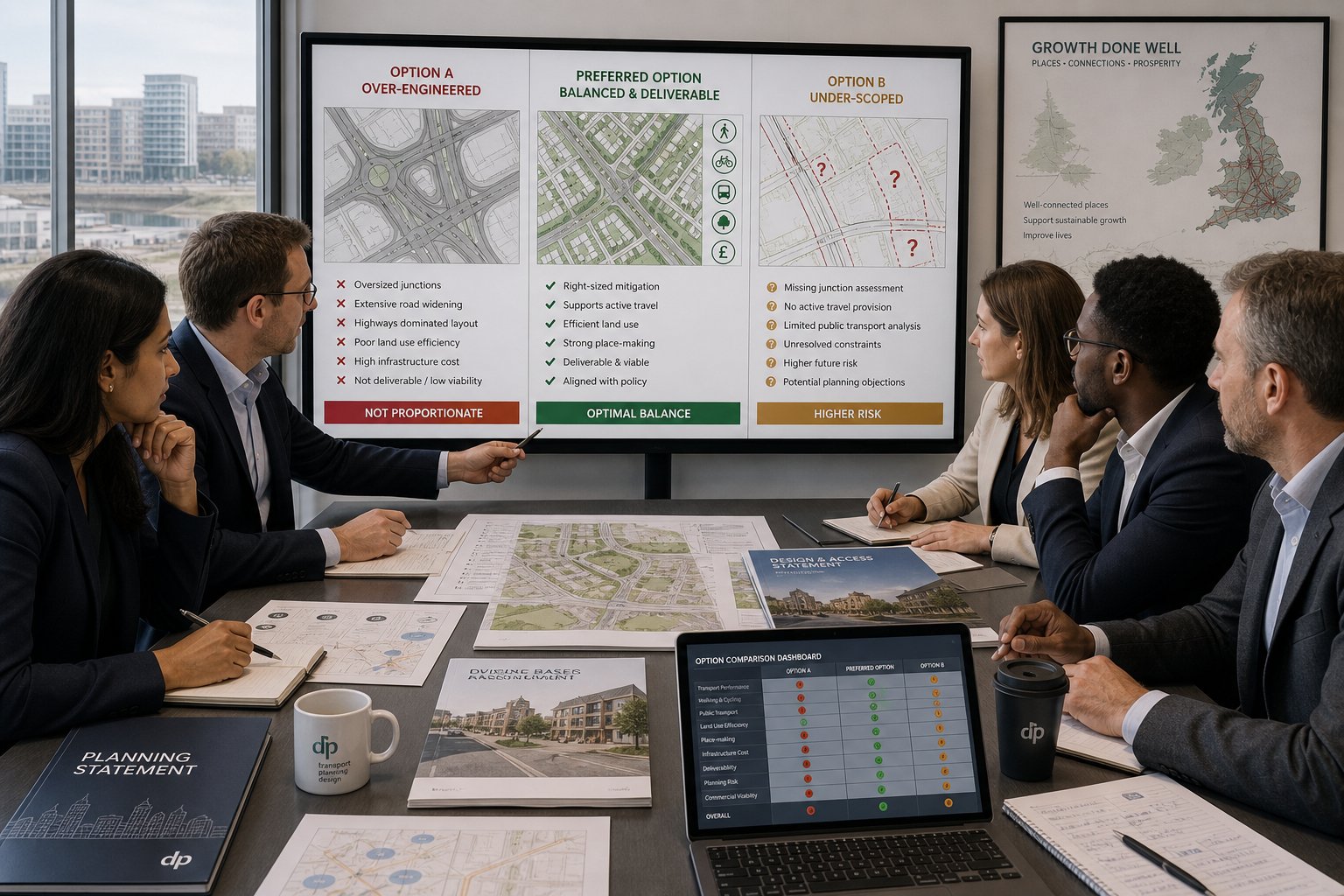 UK transport planning team reviewing balanced development and road design options.