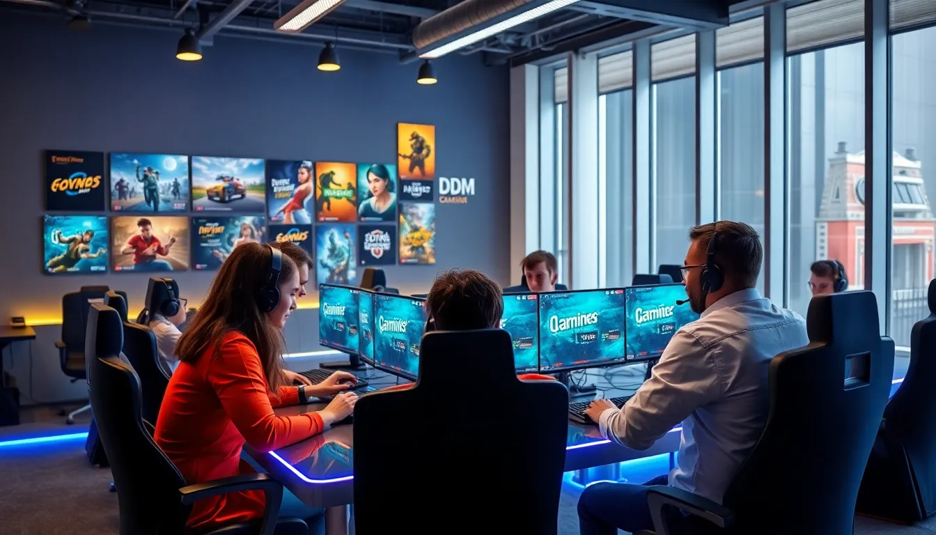 diverse gamers collaborating in a modern gaming environment.