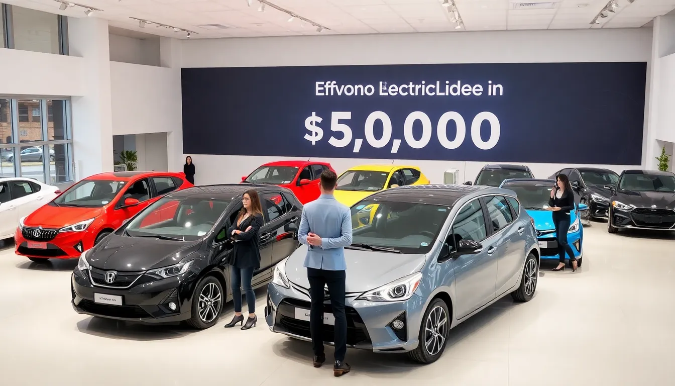 Showroom displaying affordable electric vehicles under $20,000 with diverse staff.