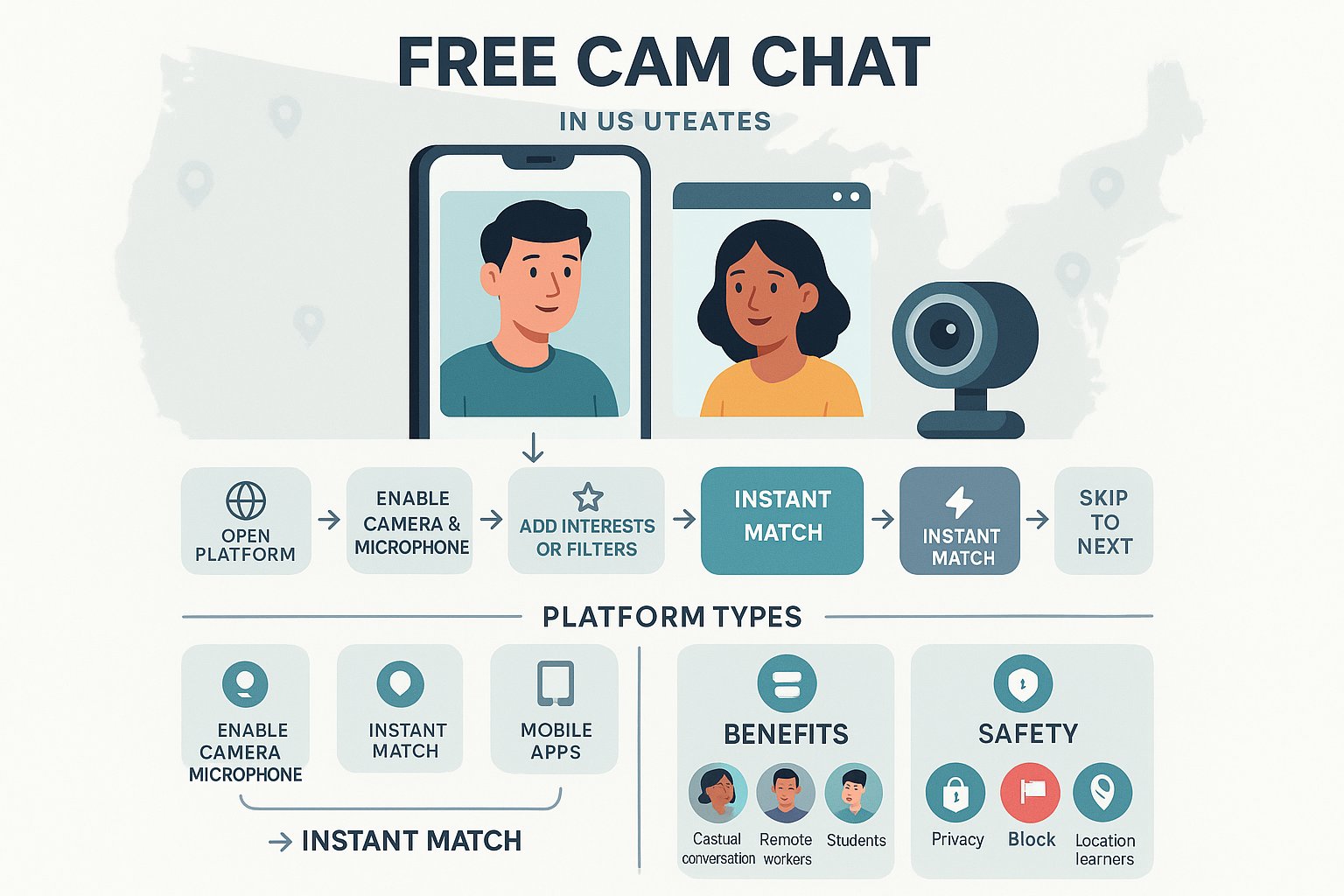 Infographic showing free cam chat platforms, benefits, and safety features in the United States.