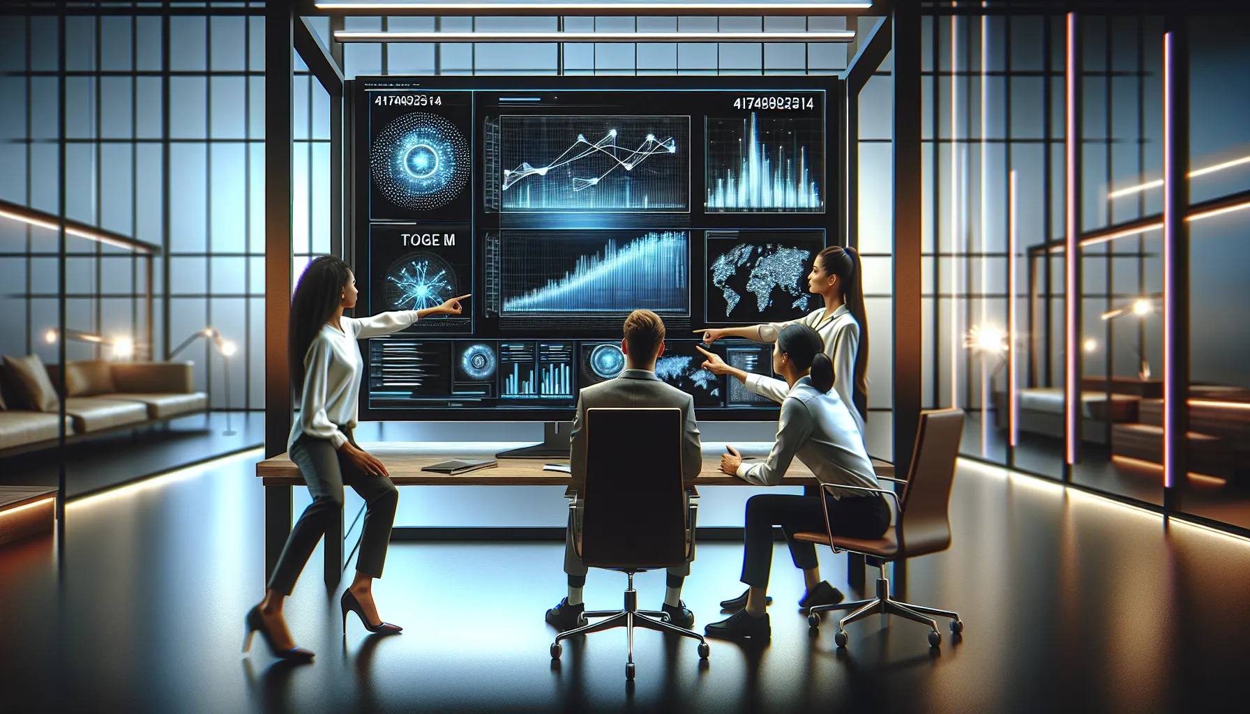 diverse team analyzing digital data trends in a modern office.