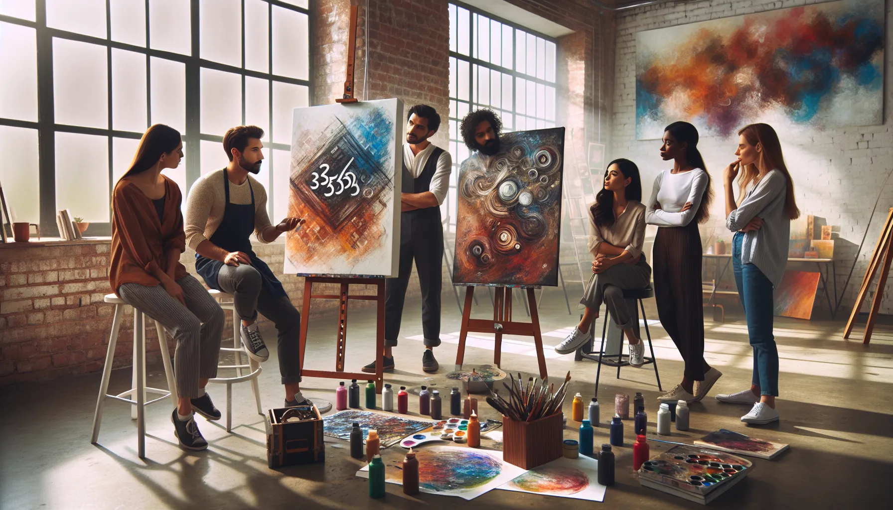 diverse artists discussing art in a modern studio.