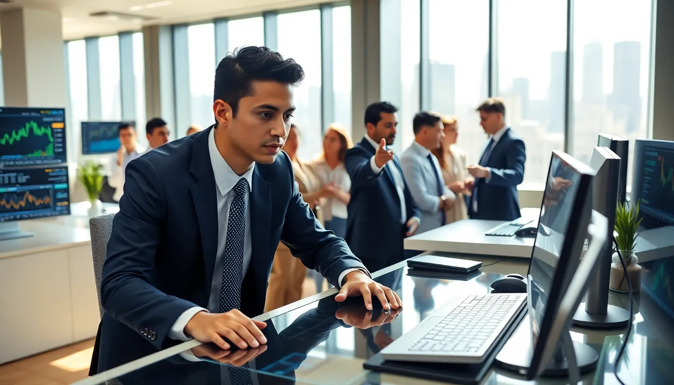 A trader analyzing Bitcoin BitClassic charts in a modern office.