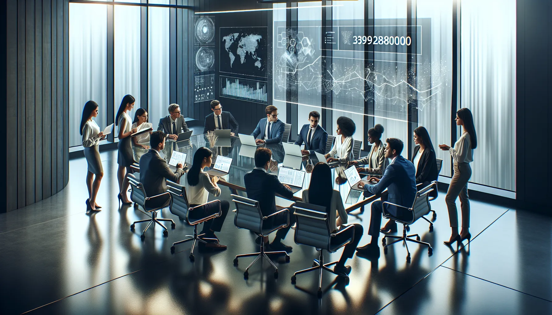 diverse professionals discussing data trends in a modern office.