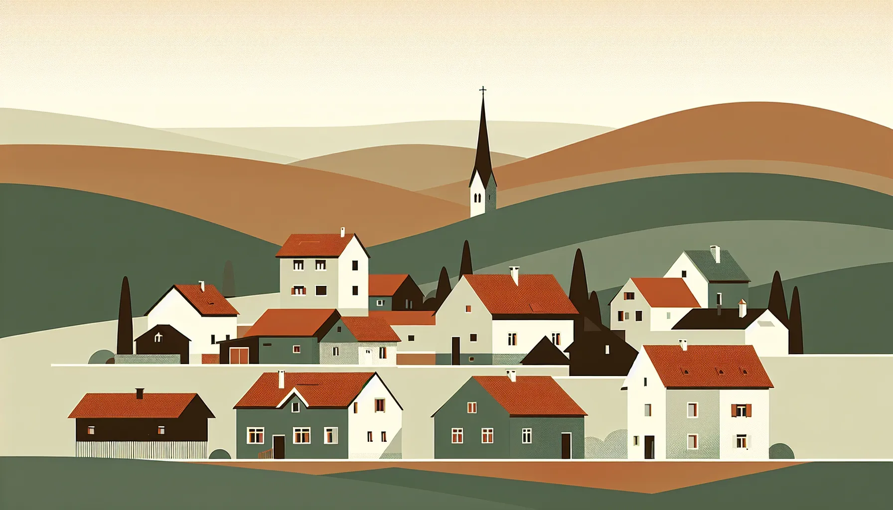 Traditional Croatian village with houses and church spire in rural setting