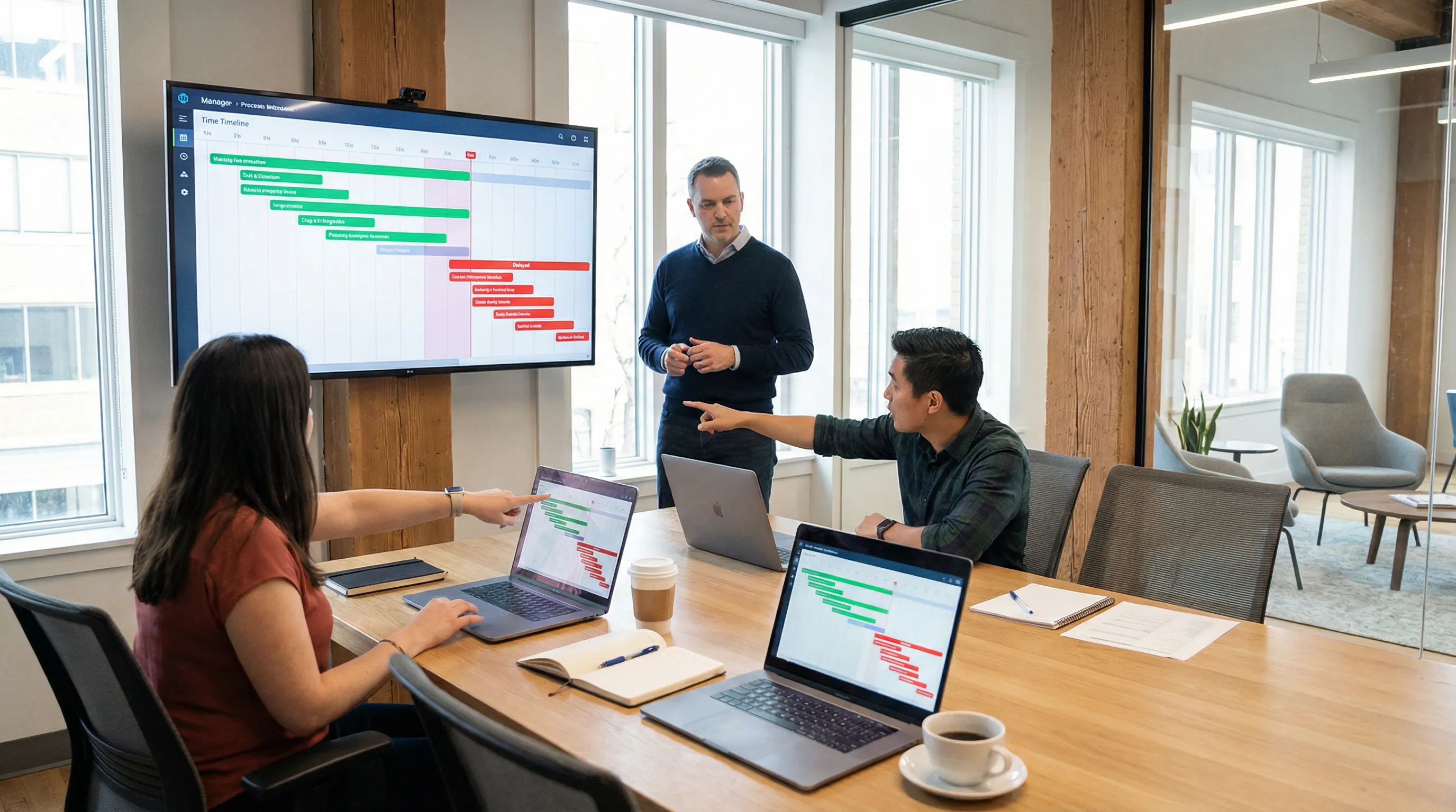 Manager and team in a conference room reviewing a large screen with real-time workflow timelines and highlighted bottlenecks to monitor process visibility.