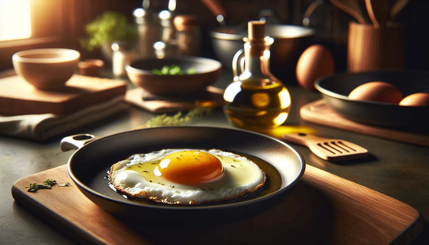 A fried egg on a plate with olive oil and herbs in a bright kitchen.