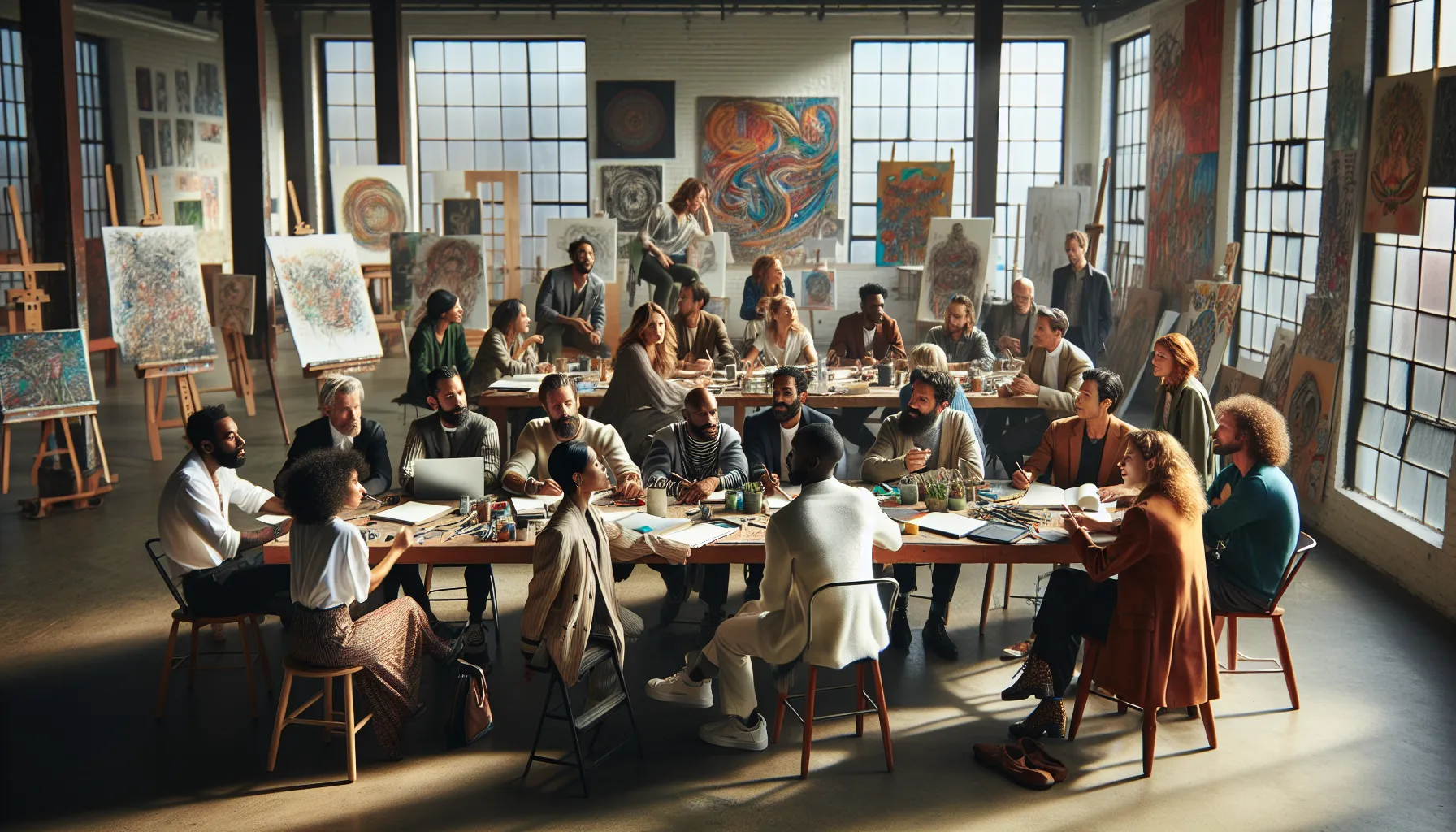 diverse artists and writers collaborating in a modern studio.